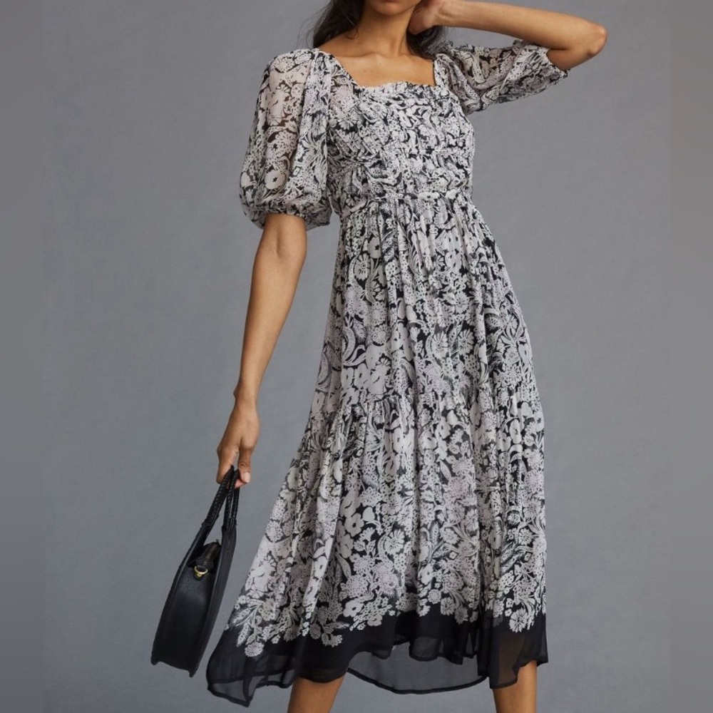 👗🌟Anthropologie Square Neck Smocked Midi Dress Boho Floral Black White XS 0 2 - Picture 3 of 12